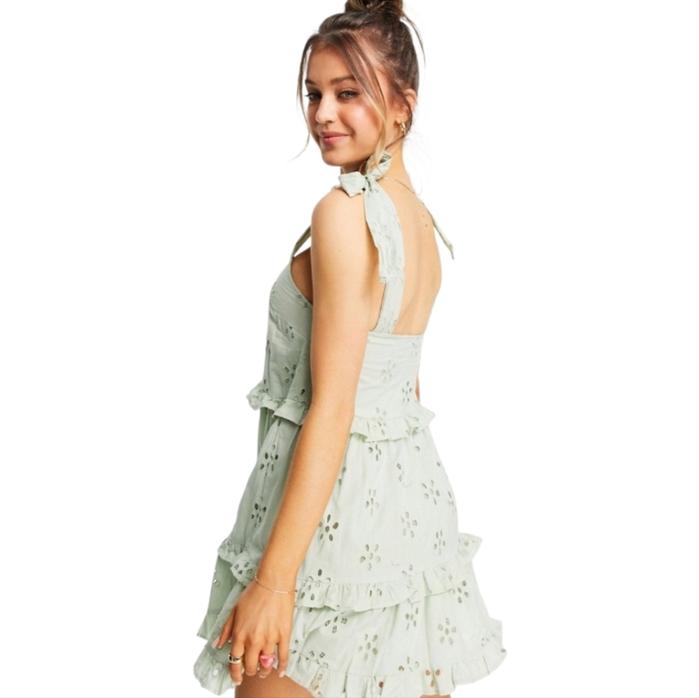 Asos Design Sage Green Tie Shoulder Mini Dress Floral Cut Out Embroidery 10 - Picture 3 of 11